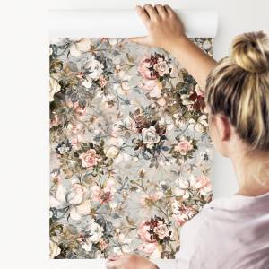 Papier Peint roses fleurs feuilles flore Beige - Rouge - Papier - 53 x 1000 x 1000 cm