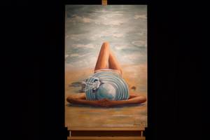 Tableau peint à la main Beach Beauty Beige - Bleu - Bois massif - Textile - 60 x 90 x 4 cm