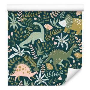 Papier Peint dinosaures plantes enfants Beige - Bleu - Vert - Papier - 53 x 1000 x 1000 cm