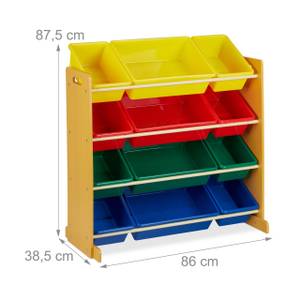 Meuble rangement jouet avec 12 boîtes Marron - Rouge - Jaune - Bois manufacturé - Métal - Matière plastique - 86 x 88 x 39 cm