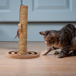 Griffoir pour chat avec jouet intégré Beige - Marron - Rouge - Bois manufacturé - Plumes - Fibres naturelles - Rotin - 30 x 45 x 30 cm