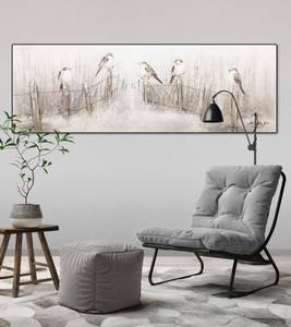 Tableau peint Chant des oiseaux Beige - Blanc - Bois massif - Textile - 150 x 50 x 4 cm