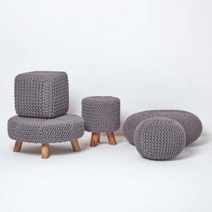 Großer Strickpouf 100% Baumwolle Grau