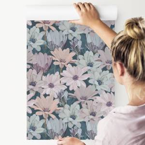 Papier Peint MARGUERITES Fleurs Plantes Bleu - Vert - Mauve - Blanc - Papier - Textile - 53 x 1000 x 1000 cm