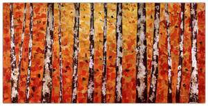 Tableau peint Or d'automne dans la forêt Orange - Argenté - Bois massif - Textile - 140 x 70 x 4 cm