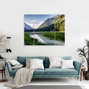 Triptyque sur toile rivière et montagne Vert - Fibres naturelles - 12 x 97 x 7 cm