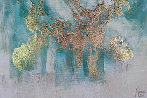 Tableau peint à la main Lac scintillant Bleu - Doré - Bois massif - Textile - 60 x 60 x 4 cm