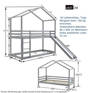 Lit mezzanine Jupiter lit superposéⅠ Imitation bois d'ébène - Gris - Bois