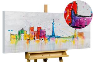 Tableau peint Lisbon Skyline Silhouette Gris - Bois massif - Textile - En partie en bois massif - 120 x 60 x 4 cm