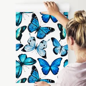 Papier Peint papillons aquarelle Noir - Bleu - Vert - Turquoise - Blanc - Papier - 53 x 1000 x 1000 cm