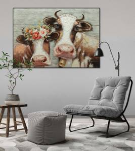 Tableau peint Queens of the Pasture Marron - Blanc - Bois massif - Textile - En partie en bois massif - 100 x 70 x 4 cm