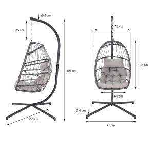 Hängesessel Grau mit Gestell und Kissen Grau - Metall - Polyrattan - 95 x 195 x 95 cm