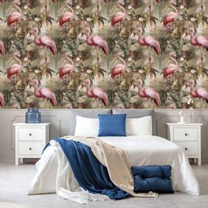 Papier Peint Flamants Feuilles Fleurs Beige - Marron - Gris - Rose foncé - Papier - Textile - 53 x 1000 x 1000 cm