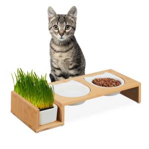 Katzen Futterstation & Katzengras Schale Braun - Weiß - Bambus - Keramik - 48 x 9 x 19 cm