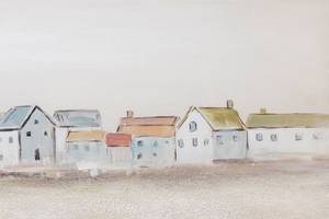 Impression sur toile Little Port Town Beige - Bleu - Bois massif - Textile - 150 x 50 x 4 cm