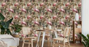 Papier Peint Flamants Feuilles Fleurs Beige - Marron - Gris - Rose foncé - Papier - Textile - 53 x 1000 x 1000 cm