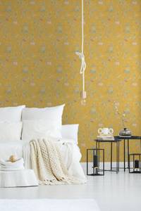 Landhaus-Tapete Blumen mit Früchten Grün - Gelb - Kunststoff - Textil - 53 x 1005 x 1 cm