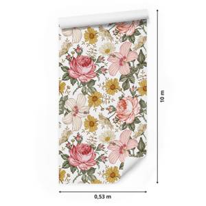 Papier Peint fleurs colorées feuilles Beige - Vert - Blanc - Papier - 53 x 1000 x 1000 cm