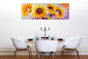 Bild handgemalt Symphony of Sunflowers Orange - Gelb - Massivholz - Textil - Holz teilmassiv - 150 x 50 x 4 cm