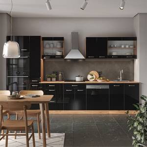 Küchenzeile R-Line 350cm ohne AP Hochglanz Schwarz - Eiche Dekor - Breite: 350 cm