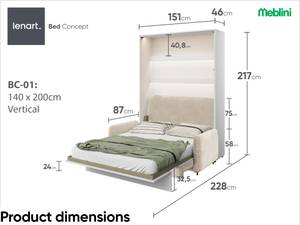 Schrankbett  Bed Concept BC-01 + Sofa Beige - Hochglanz Weiß