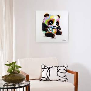 Tableau peint à la main Panda jouant Bois massif - Textile - 60 x 60 x 4 cm
