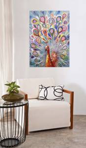 Tableau peint à la main Paon en couleur Bois massif - Textile - 70 x 100 x 4 cm