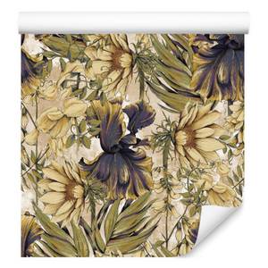 Papier Peint Feuilles Fleurs Vintage Beige - Noir - Vert - Mauve - Papier - Textile - 53 x 1000 x 1000 cm