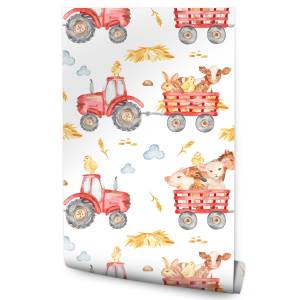 Papier Peint animaux tracteurs enfants Beige - Noir - Bleu - Marron - Gris - Orange - Rouge - Blanc - Papier - 53 x 1000 x 1000 cm