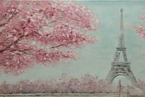 Tableau peint In the City of Love Bleu - Rose foncé - Bois massif - Textile - 100 x 70 x 4 cm