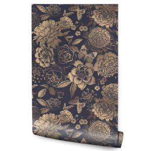 Tapete ROSEN Pfingstrosen Schmetterlinge Beige - Blau - Braun - Grau - Papier - Textil - 53 x 1000 x 1000 cm