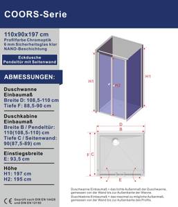 Eck-Duschkabine Pendeltür mit Seitenwand Silber - Glas - 110 x 197 x 90 cm