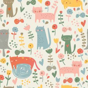 Papier Peint Pour Enfants CHATS Plantes Bleu - Gris - Vert - Rouge - Papier - Textile - 53 x 1000 x 1000 cm