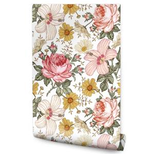 Papier Peint fleurs colorées feuilles Beige - Vert - Blanc - Papier - 53 x 1000 x 1000 cm