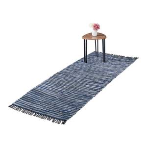 Tapis tissé en cuir et coton Noir - Bleu - Gris - Cuir véritable - Textile - 200 x 1 x 80 cm