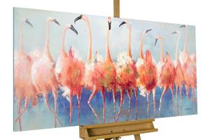 Tableau peint Tango des flamants roses Bleu - Rose foncé - Bois massif - Textile - En partie en bois massif - 140 x 70 x 4 cm