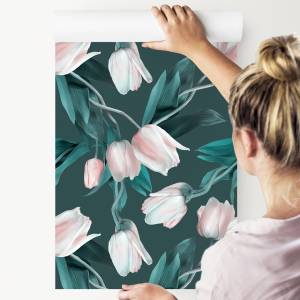 Papier Peint TULIPES Fleurs Feuilles Gris - Vert - Rose foncé - Blanc - Papier - Textile - 53 x 1000 x 1000 cm