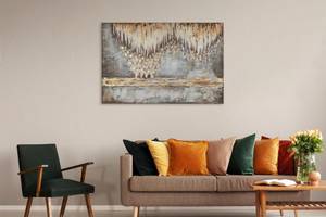 Tableau peint Grotte de Stalactites Beige - Marron - Bois massif - Textile - En partie en bois massif - 120 x 80 x 4 cm