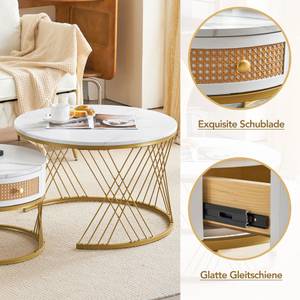 Couchtisch MARBDiana Ⅱ+ (2er Set) Gold - Weiß - Holzwerkstoff - Metall - Kunststoff - Polyrattan - 71 x 46 x 71 cm