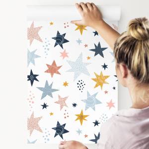 Papier Peint pour enfants étoiles points Noir - Bleu - Orange - Blanc - Papier - 53 x 1000 x 1000 cm