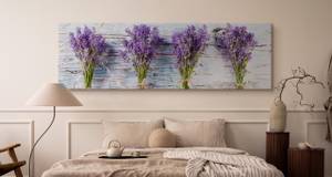 Tableau Sur Toile Lavande Fleurs Bois 3D Beige - Gris - Vert - Mauve - Blanc - Textile - 145 x 45 x 45 cm