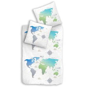 Bettwäsche Weltkarte Weltenbummler Blau - Grün - Türkis - Weiß - Textil - 135 x 200 x 1 cm