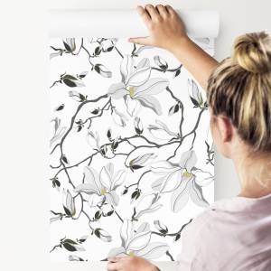 Papier Peint Brindilles FLEURS Magnolia Beige - Noir - Gris - Blanc - Papier - Textile - 53 x 1000 x 1000 cm