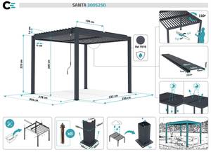 Pergola bioclimatique SANTA autoportée Gris - 259 x 305 cm