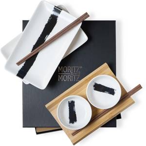 Sushi 8tlg Geschirr-Set 2 Personen Weiß - Ton - Holzwerkstoff - 28 x 8 x 33 cm