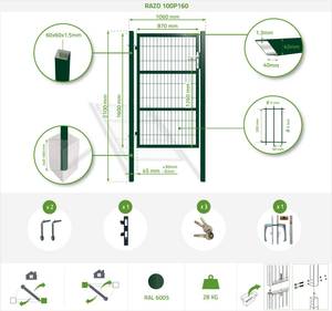 Portillon grillagé RAZO poteaux carrés Vert - Hauteur : 166 cm