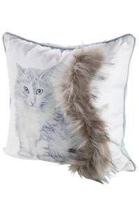 Kissen Katze mit Plüschschwanz Grau - Weiß - Textil - 45 x 45 x 14 cm