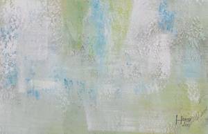Tableau peint Idyllic Waterlilies Beige - Turquoise - Bois massif - Textile - 100 x 75 x 4 cm
