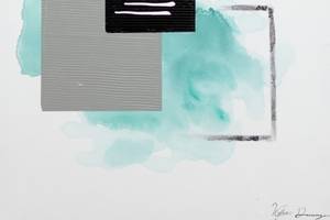 Tableau peint Cloudy Interaction Gris - Turquoise - Bois massif - Textile - 60 x 80 x 4 cm