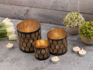 Teelichthalter Orient 3er Set Kerzen Schwarz - Gold - Metall - 14 x 14 x 14 cm